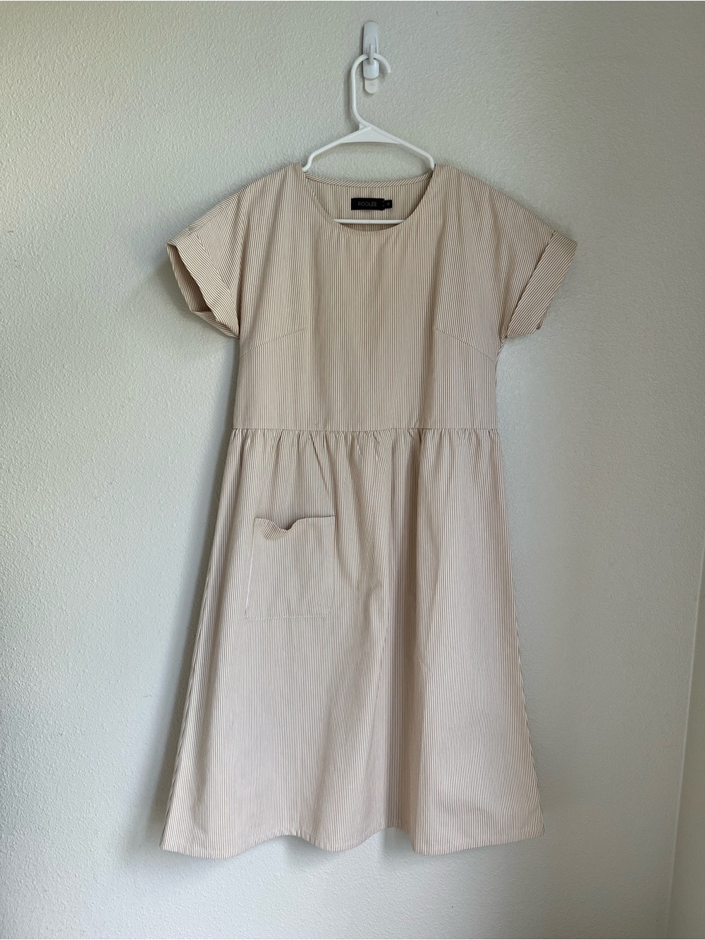 Roolee Neutral Cream Short-Sleeve Midi Dress with Pocket